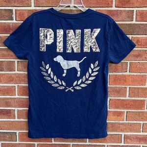 PINK Victoria’s Secret Navy Blue Silver Sequin Large Logo Dog Relaxed Pocket Tee